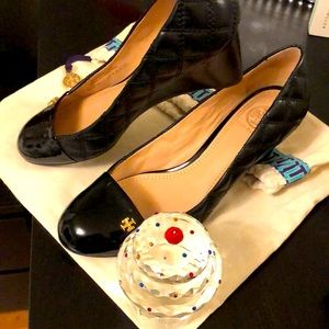 Tory Burch mini wedge quilted patent shoes